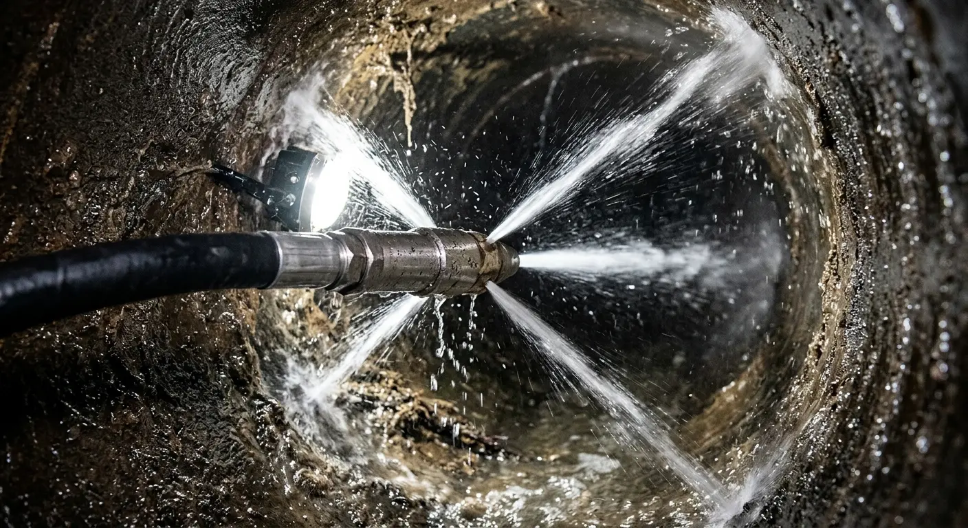 High-pressure hydro jetting nozzle cleaning sewer pipe for Storm Drain Cleaning in Highland Park