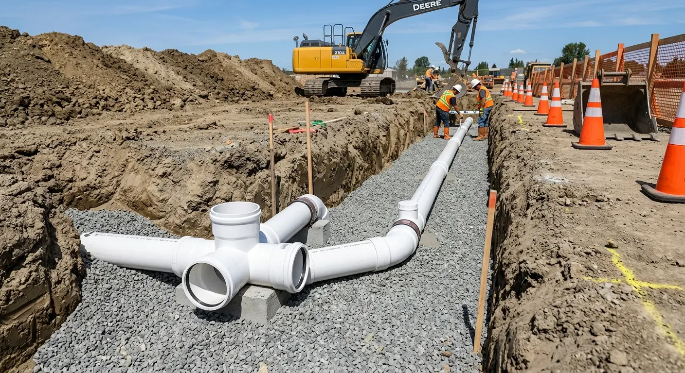 New PVC sewer pipe installation in open trench for Sewer Backup in Highland Park